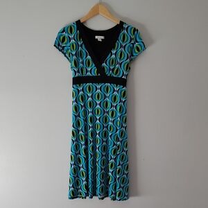 Dressbarn Midi Dress Size 8 Cap Sleeves Empire Waist Vibrant Colorful Spring